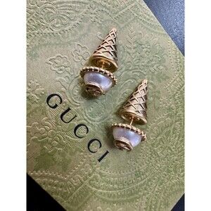 Gucci Double GG Ice Cream Cone Pearl Boule Aged Gold Finish Stud Earrings Pair